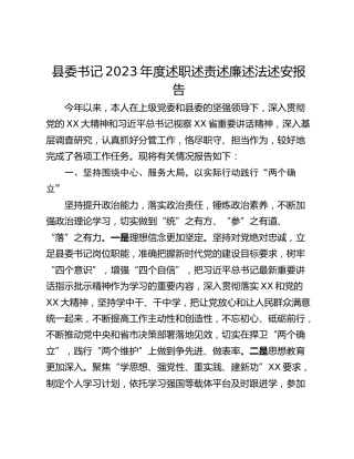 县委书记2023年度述职述责述廉述法述安报告_1