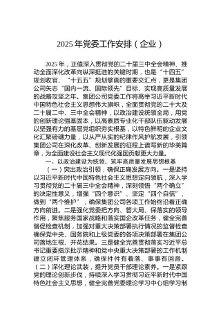 2025年党委工作安排（企业）