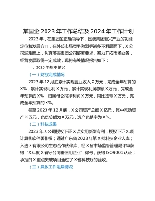 某国企2023年工作总结及2024年工作计划