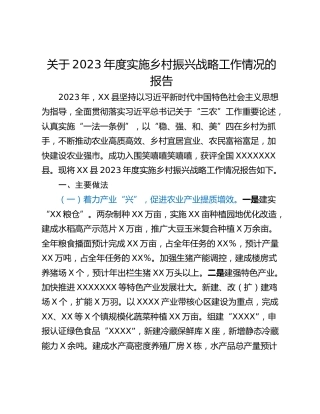 关于2023年度实施乡村振兴战略工作情况的报告
