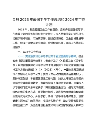 X县2023年爱国卫生工作总结和2024年工作计划