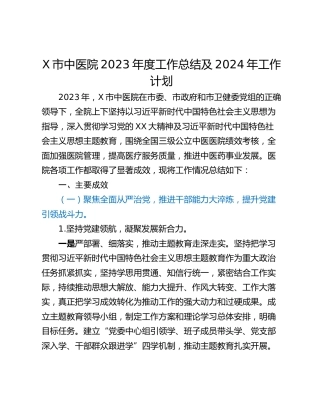 X市中医院2023年度工作总结及2024年工作计划