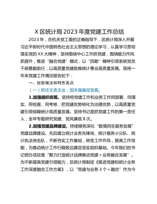 X区统计局2023年度党建工作总结