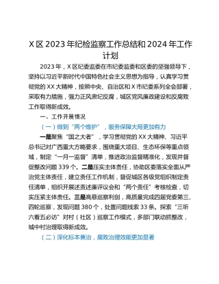X区2023年纪检监察工作总结和2024年工作计划