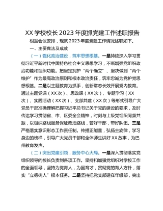 XX学校校长2023年度抓党建工作述职报告