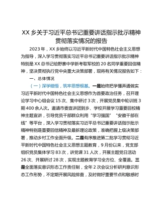 XX乡关于习近平总书记重要讲话指示批示精神贯彻落实情况的报告