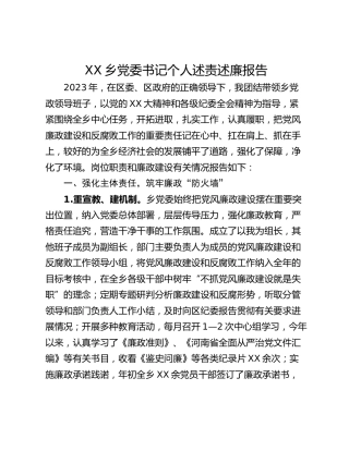 XX乡党委书记个人述责述廉报告