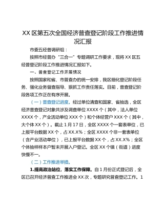 XX区第五次全国经济普查登记阶段工作推进情况汇报