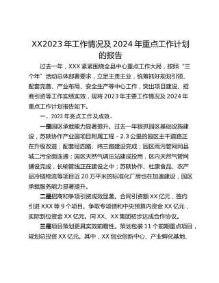 XX2023年工作情况及2024年重点工作计划的报告