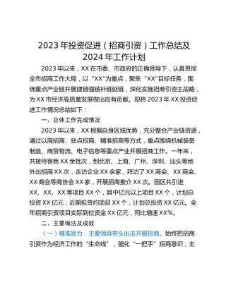 2023年投资促进（招商引资）工作总结及2024年工作计划