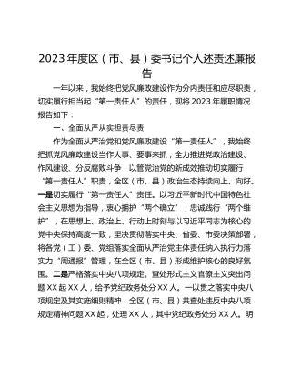 2023年度区（市、县）委书记个人述责述廉报告