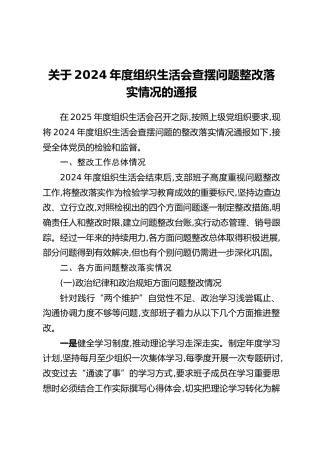 关于2024年度组织生活会查摆问题整改落实情况的通报