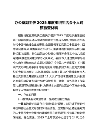 办公室副主任2025年度组织生活会个人对照检查材料