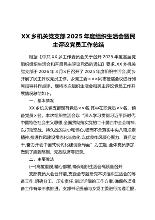 XX乡机关党支部2025年度组织生活会暨民主评议党员工作总结