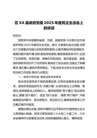 在XX县政府党组2025年度民主生活会上的讲话