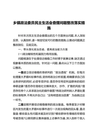 乡镇政法委员民主生活会查摆问题整改落实措施