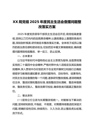 XX局党组2025年度民主生活会查摆问题整改落实方案
