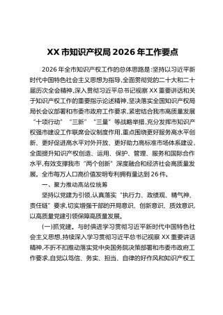 XX市知识产权局2026年工作要点