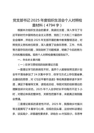 党支部书记2025年度组织生活会个人对照检查材料（4794字）