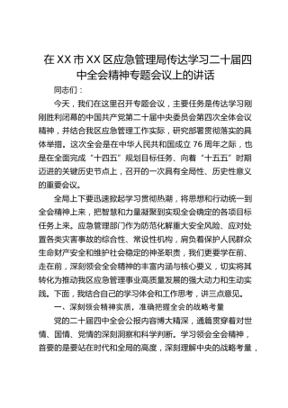 区应急管理局传达学习二十届四中全会精神专题会议上的讲话