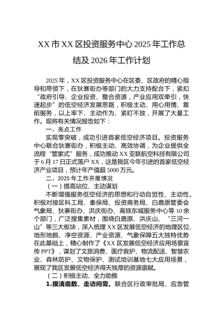 XX市XX区投资服务中心2025年工作总结及2026年工作计划
