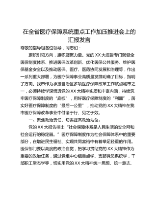 在全省医疗保障系统重点工作加压推进会上的汇报发言