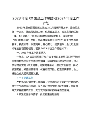 2023年度XX国企工作总结和2024年度工作计划
