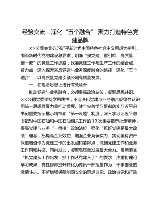 经验交流：深化“五个融合” 聚力打造特色党建品牌