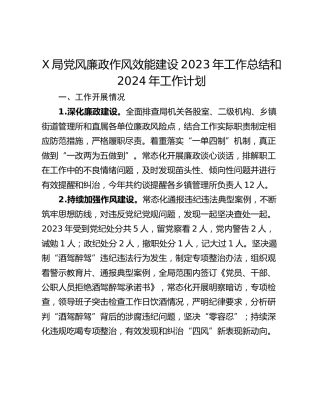 X局党风廉政作风效能建设2023年工作总结和2024年工作计划