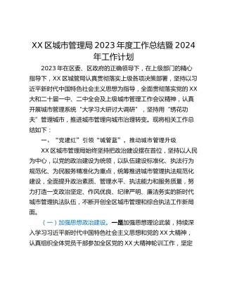 XX区城市管理局2023年度工作总结暨2024年工作计划