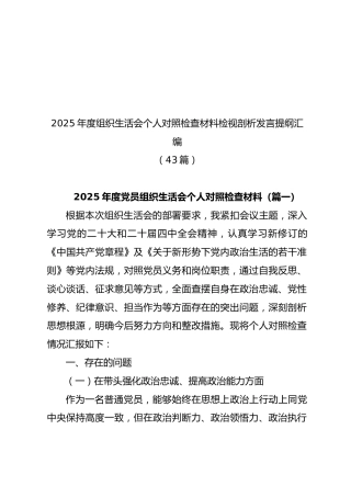 2025年度组织生活会个人对照检查材料检视剖析发言提纲汇编【43篇401页21万字】