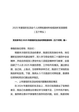 2025年度组织生活会个人对照检查材料检视剖析发言提纲（五个带头）【25篇248页13万字】