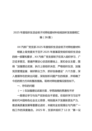2025年度组织生活会班子对照检查材料检视剖析发言提纲汇编【26篇278页15万字】