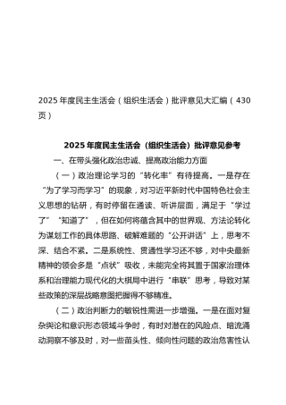 2025年度民主生活会（组织生活会）批评意见大汇编（430页20万字）