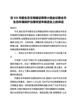 在XX市委生态文明建设领导小组会议暨全市生态环境保护治理攻坚年推进会上的讲话