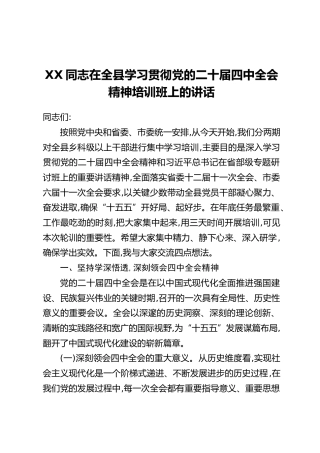 XX同志在全县学习贯彻党的二十届四中全会精神培训班上的讲话