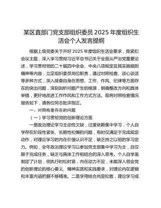 某区直部门党支部组织委员2025年度组织生活会个人发言提纲