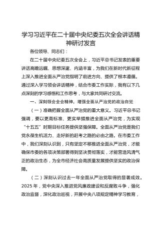 学习习近平在二十届中央纪委五次全会讲话精神研讨发言