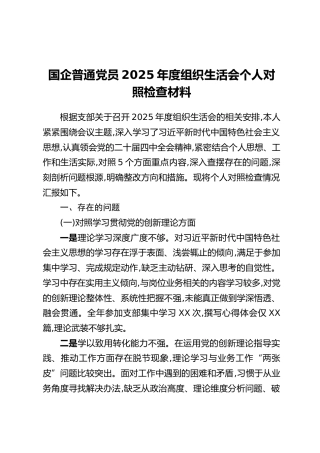 国企普通党员2025年度组织生活会个人对照检查材料