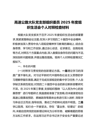 高速公路大队党支部组织委员2025年度组织生活会个人对照检查材料