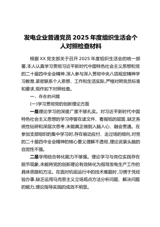 发电企业普通党员2025年度组织生活会个人对照检查材料