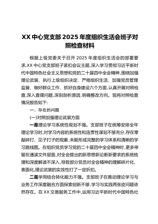 XX中心党支部2025年度组织生活会班子对照检查材料