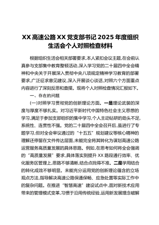 XX高速公路XX党支部书记2025年度组织生活会个人对照检查材料