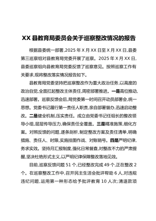 XX县教育局委员会关于巡察整改情况的报告