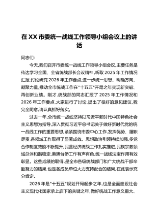 在XX市委统一战线工作领导小组会议上的讲话
