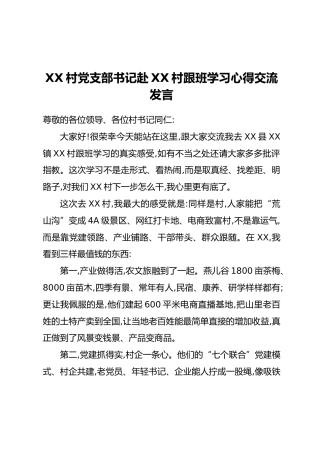XX村党支部书记赴XX村跟班学习心得交流发言