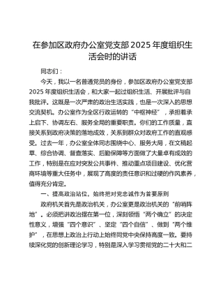 在参加区政府办公室党支部2025年度组织生活会时的讲话