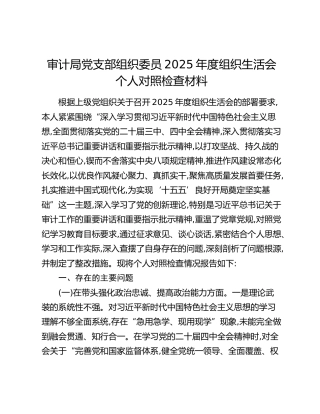 审计局党支部组织委员2025年度组织生活会个人对照检查材料