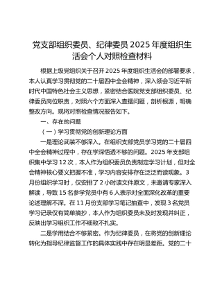党支部组织委员、纪律委员2025年度组织生活会个人对照检查材料