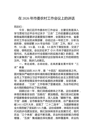 在2026年市委农村工作会议上的讲话